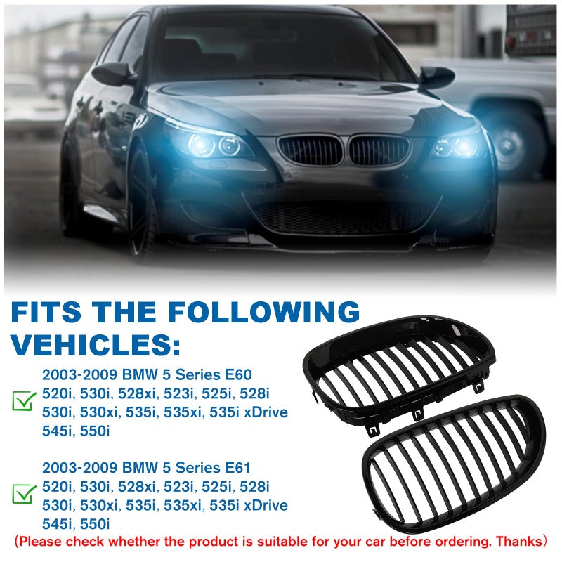 BILLDIO E60 Grille - Black Kidney Single slats Grill Compatible With BMW 5 Series E60 E61 2003-2009 520i 523i 525i 528i 530i 535i 550i ABS Gloss Black Kidney Grill - Image 4
